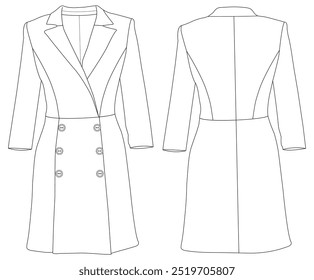 Classic coat technical fashion illustration with knee length, long sleeves, Oversized Double breasted Midi Coat