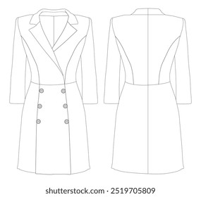 Classic coat technical fashion illustration with knee length, long sleeves, Oversized Double breasted Midi Coat