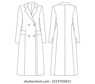 Classic coat technical fashion illustration with knee length, long sleeves, Oversized Double breasted Midi Coat