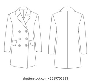 Classic coat technical fashion illustration with knee length, long sleeves, Oversized Double breasted Midi Coat