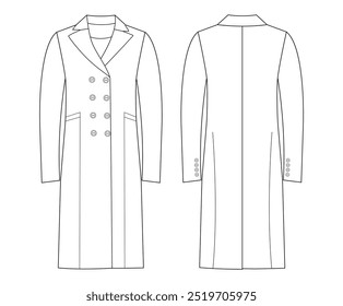 Classic coat technical fashion illustration with knee length, long sleeves, Oversized Double breasted Midi Coat