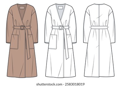 Classic Coat technical fashion illustration. Belted Coat fashion flat technical drawing template, collarless, midi, back slit, front, back view, white, mocha brown, women, men, unisex CAD mockup set.