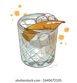 Classic cocktail in a lowball glass with ice and orange peel. Ideal for bourbon or whiskey drink designs