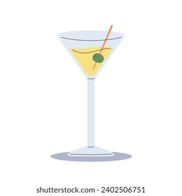 Classic cocktail, martini glass with olive. Refreshing drink. Flat cartoon style vector illustration isolated on white background