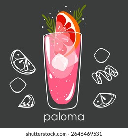 Classic cocktail "Paloma". Summer refreshing alcoholic drink with grapefruit, ice and rosemary. Vector illustration on a dark background.