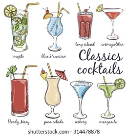 Classic Cocktails. Hand drawn illustration of cocktail, including recipes and ingredients. Vector collection.