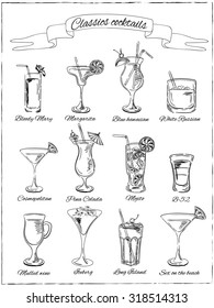 Classic Cocktails. Hand drawn illustration of cocktail, including recipes and ingredients. Vector collection.