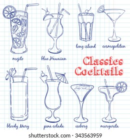 Classic Cocktails. Hand drawn illustration of cocktail, including recipes and ingredients. Vector collection.