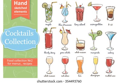 Classic Cocktails. Hand drawn illustration of cocktail, including recipes and ingredients. Vector collection.