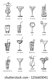 Klassische Cocktails. Sechzehn Getränkekollektionen. Skizze, handgezeichnet, Vektorgrafik einzeln auf weißem Hintergrund