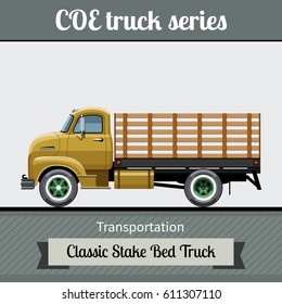 Classic COE (cab over engine) stake bed truck side view. Vector illustration clipart