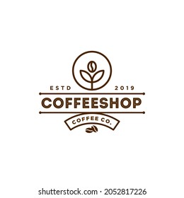 classic coffee bean and leaf branch natural line stamp logo vector icon design in vintage hipster modern beautiful style, premium coffee shop bar icon