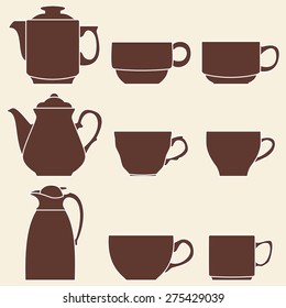 Classic coffee cups and pots collection. Set of silhouette of coffee cups and pots. Vector illustration, brown, icons