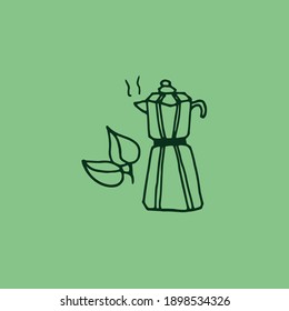 Classic Coffee Elegance: Vector illustration featuring a moka pot with a leaf on a green background. A classic and elegant representation of traditional coffee brewing