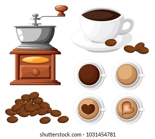 Classic coffee grinder with a bunch of coffee beans manual coffee mill and a cup of coffee cup vector illustration isolated on white background.