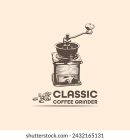 Klassische Kaffeemühle Hand gezeichnete Illustration, Kaffee Vintage Logo
