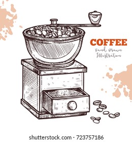 Classic coffee grinder mill, hand draw sketch. Illustration engraving ink line style. Vintage equipment for grind coffee beans. Vector image on white background