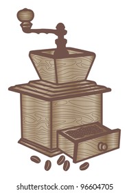 classic coffee grinder with some beans of coffee on white background