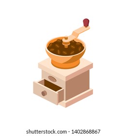 Classic coffee grinder. Vector 3d isometric color icon new flat style. Creative illustration, idea for infographics.