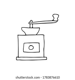 Classic coffee grinder in woden case. Doodle coffee grinder icon in vector. Hand drawn coffee grinder illustration in vector.