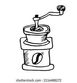 Molinadora de café clásica en estuche de madera. Icono del molino de café de perro en el vector. Ilustración del molino de café dibujado a mano en vector.
