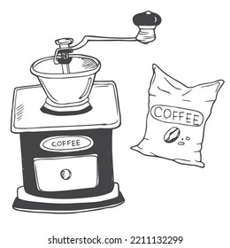 Molinadora de café clásica en estuche de madera. Icono del molino de café de perro en el vector. Ilustración del molino de café dibujado a mano en vector.