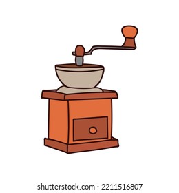Grinadora de café clásica en la ilustración de doodle colorido en estuche de madera. Ilustración del molino de café en el vector. Icono colorido del molino de café en vector.