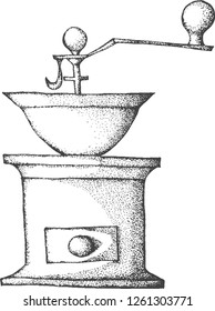 Classic coffee grinder.Isolated on white background. Hand drawn illustration.Linear graphic.Engraved stile.Coffee cup sketch.Fast food illustration.Vector cafe or bakery design. 