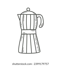 Estilo clásico de boceto de cafetera. Aparato de cocina de imágenes prediseñadas para hacer espresso. Grado vintage de la olla del café, ilustración vectorial aislada