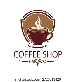 "Logo clásico de la cafetería con taza de café caliente humeante en marco de escudo marrón y texto elegante. Acogedora ilustración de emblema de cafetería, Vector PNG escalable para menú y diseño de marca ".