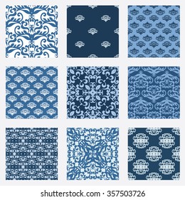 Classic collection of seamless patterns: damask, abstract in pastel blue 