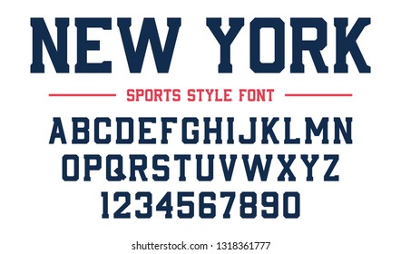 Classic college font. Vintage sport serif font in american style for football, soccer, baseball and basketball. Alphabet and numbers in varsity style