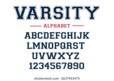 Classic college font. Vintage sport serif font in american style for football, soccer, baseball and basketball. Alphabet and numbers with outline in varsity style
