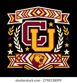 A classic collegiate style emblem featuring the letters C and U with a roaring bear mascot stars and laurel leaves in maroon and gold