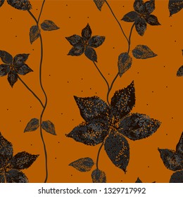 Classic color floral vector seamless pattern. Black and gray silhouette of flowers with leaves. Brown background. Template for textile, wallpaper, print, web, carton, banner, ceramic tile, clothing.