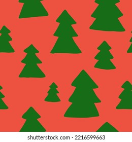 Classic color for new yer wrapping paper. Red and green Christmas design. Simple seamless Christmas trees. Funny cute forest