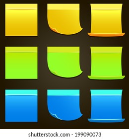 Classic color paper stickers isolated on dark background, vector illustration