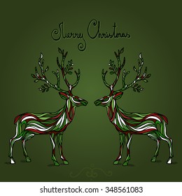 Classic colored Merry Christmas deer card, branched antlers, hand drawn vector illustration, lettering