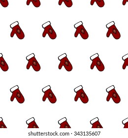 Classic colored, red and white Christmass mitten seamless pattern, hand drawn vector illustration, white background