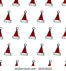 Classic colored, red and white Christmass cap seamless pattern, hand drawn vector illustration, white background