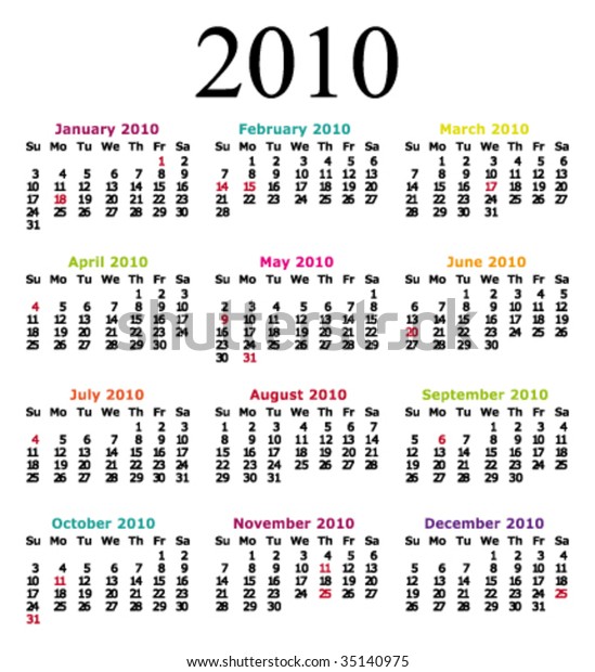 Classic Colorful 10 Calendar Vector Illustration Stock Vector Royalty Free