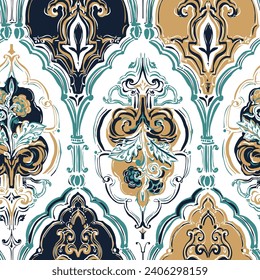 Classic colorful floral porcelain pattern. Ornate chic flower design in baroque damask style.