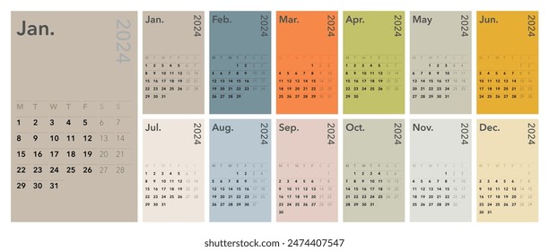 Classic colorful monthly calendar for 2024. Calendar in the style of minimalist square shape. The week starts on Monday. English text.