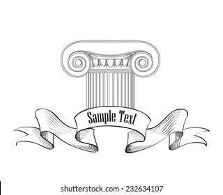 Classic column icon. Roman ionic column architectural label. Sketch illustration on white background.