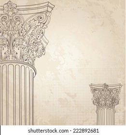 Classic columns seamless background. Roman corinthian column. Illustration on old paper background for design sketch 