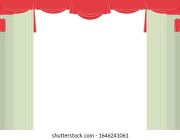 Classic columns two groups left and right top of the edge of a red curtain decor frame isolated on white background vector illustration.