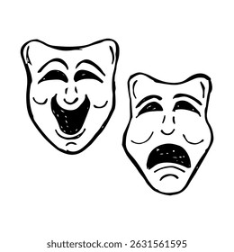 Classic comedy and tragedy theater masks, hand-drawn vector art.