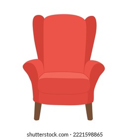 Classic comfortable red armchair for living room or bedroom isolated on white background. Furniture cartoon vector illustration.