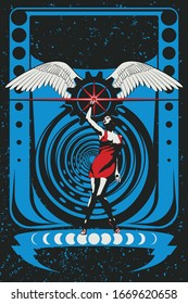 A classic comic book style poster illustration of a girl dancing in front of an industrial  gear surrounded by wings. Perfect for industrial bands,  retro parties, vaporwave, cyber punk,  goth events.