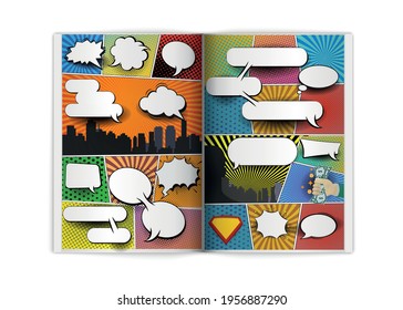 Classic comics book page sample with speech exclamations wow oops bam bubbles patterns composition abstract vector illustration